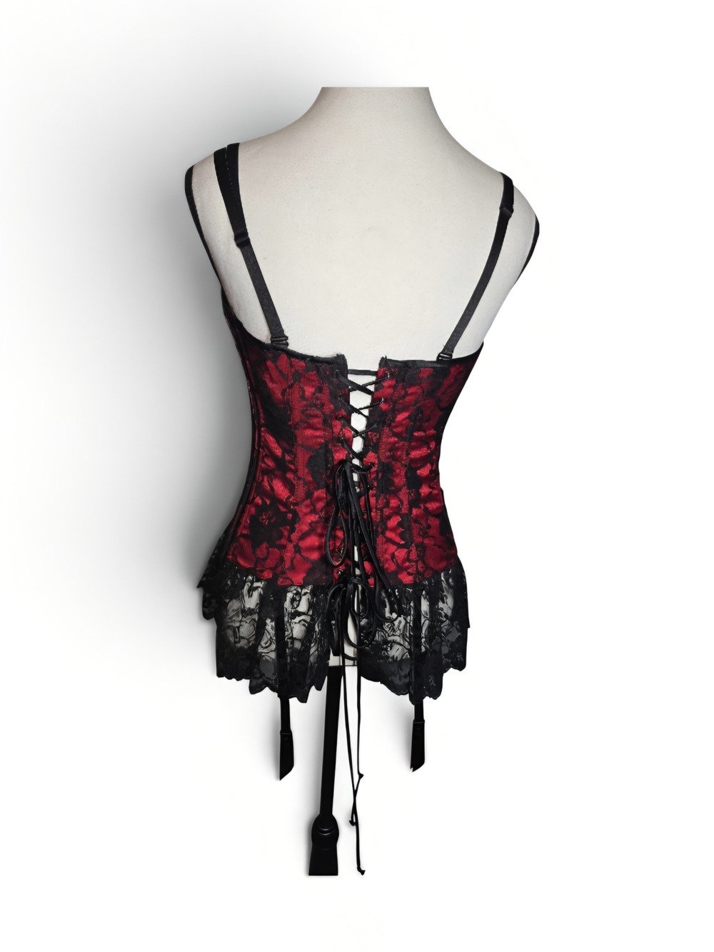 Red Satin Lace Corset Bustier with Black Lace Trim - Women Intimates - Picture 2 of 16